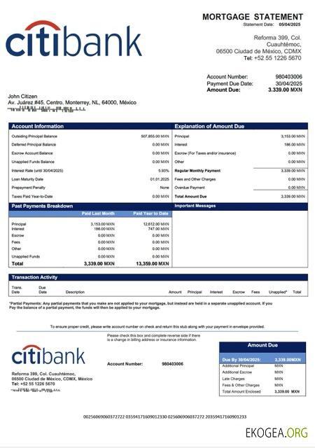 Mexique Citibank Mexique Relevé hypothécaire Modèle Word et PDF